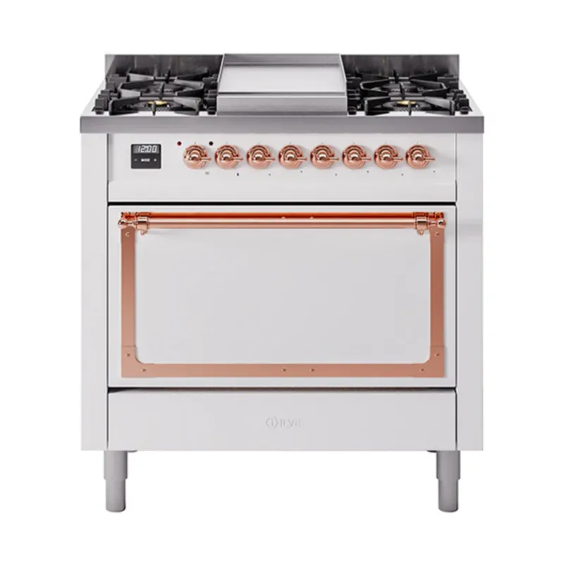 Seasonal Sale ILVE Nostalgie II Noblesse 36-Inch Propane Gas Dual Fuel Range and Solid Door Oven in White with Copper Trim (UN36FQNMPWHPLP)