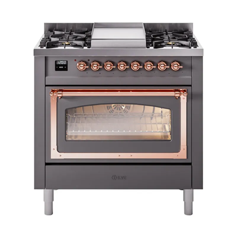 ILVE Nostalgie II Noblesse 36-Inch Propane Gas Dual Fuel Range and Triple Glass Door in Matte Graphite with Copper Trim (UN36FNMPMGPLP) Luxury