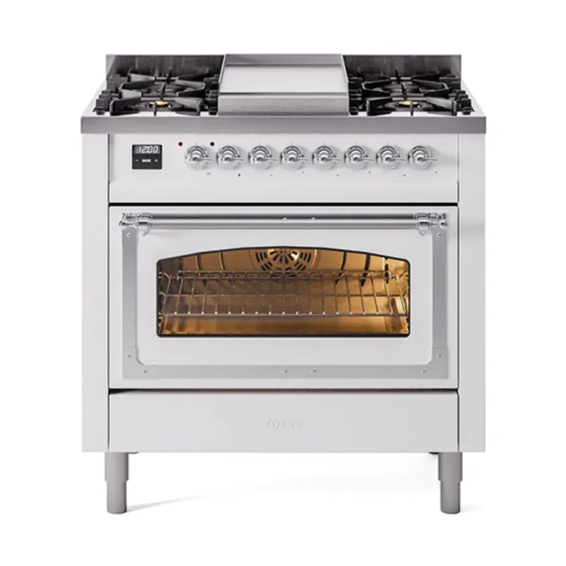 Trusted Brand ILVE Nostalgie II Noblesse 36-Inch Propane Gas Dual Fuel Range and Triple Glass Door in White with Chrome Trim (UN36FNMPWHCLP)