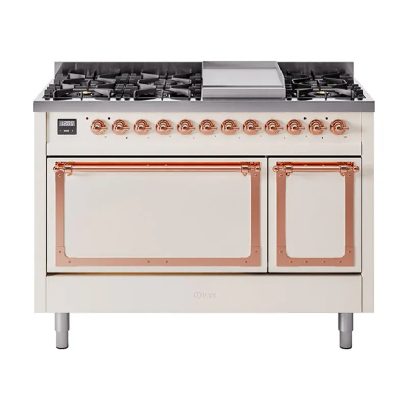 ILVE Nostalgie II Noblesse 48-Inch Dual Fuel Freestanding Range with Solid Door Oven in Antique White with Copper Trim (UN48FQNMPAWPLP) Free Returns