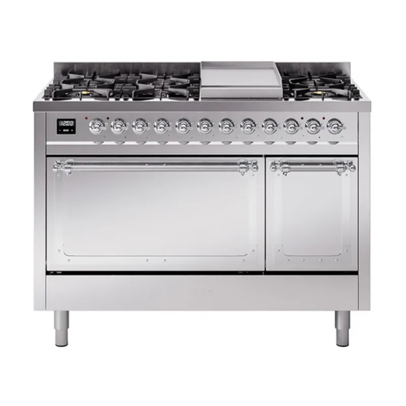 ILVE Nostalgie II Noblesse 48-Inch Dual Fuel Freestanding Range with Solid Door Oven in Stainless Steel with Chrome Trim (UN48FQNMPSSCLP) Trending