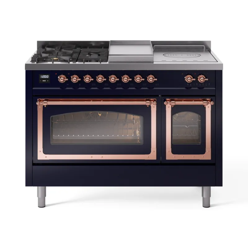 Discount ILVE Nostalgie II Noblesse 48-Inch Dual Fuel Freestanding Range with Triple Glass Door Oven in Midnight Blue with Copper Trim (UN48FSNMPMBPLP)
