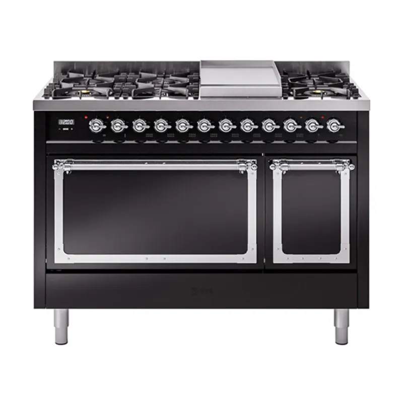 Free Shipping ILVE Nostalgie II Noblesse 48-Inch Freestanding Natural Gas Dual Fuel Range with Solid Door Oven in Glossy Black with Chrome Trim (UN48FQNMPBKC)