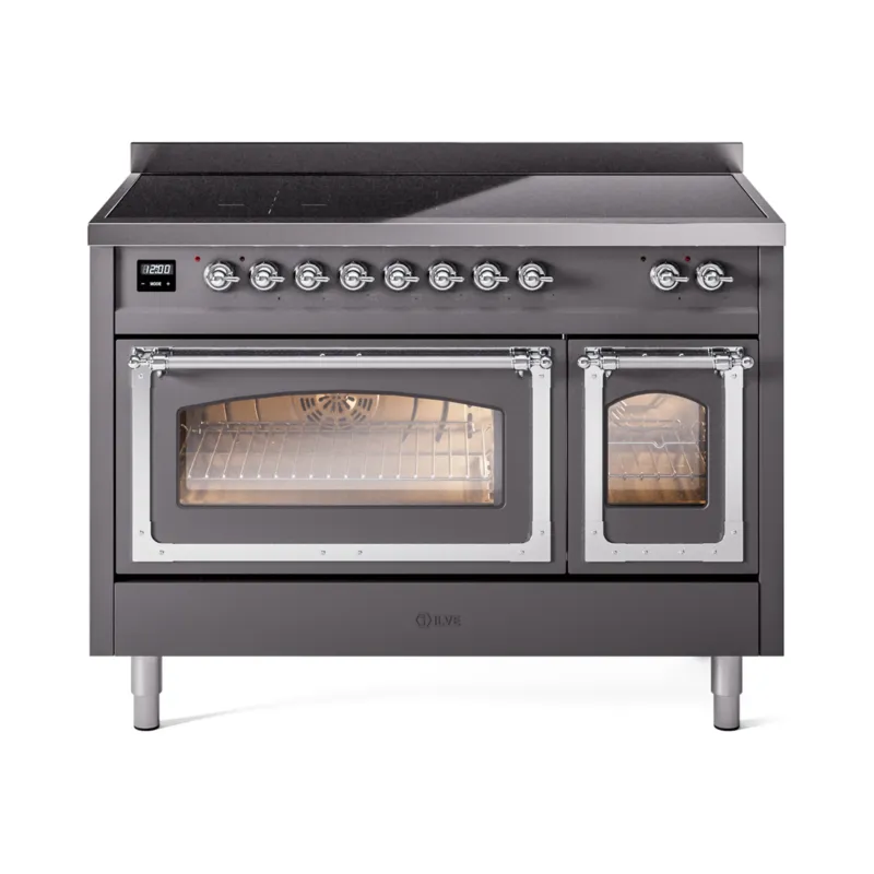 ILVE Nostalgie II Noblesse 48-Inch Induction Range with Triple Glass Door in Matte Graphite with Chrome Trim (UNI486NMPMGC) Buy Today