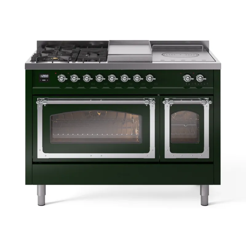 Limited Time ILVE Nostalgie II Noblesse 48-Inch Natural Gas Dual Fuel Range with 5 Burners, Griddle, & French Top with Triple Glass Door Oven in Emerald Green with Chrome Trim (UN48FSNMPEGC)