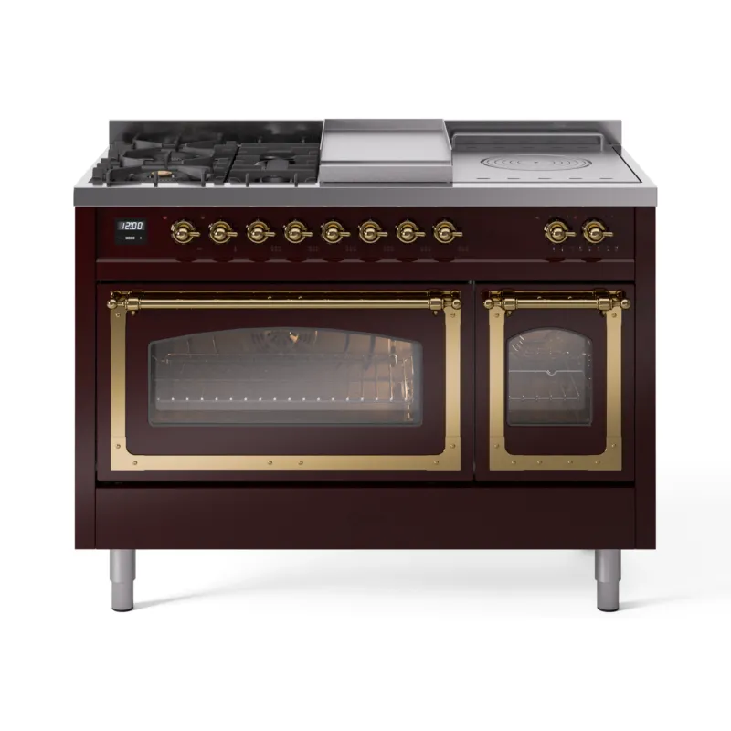ILVE Nostalgie II Noblesse 48-Inch Propane Gas Dual Fuel Range with 5 Burners, Griddle, & French Top with Triple Glass Door Oven in Burgundy with Brass Trim (UN48FSNMPBUGLP) Special Offer