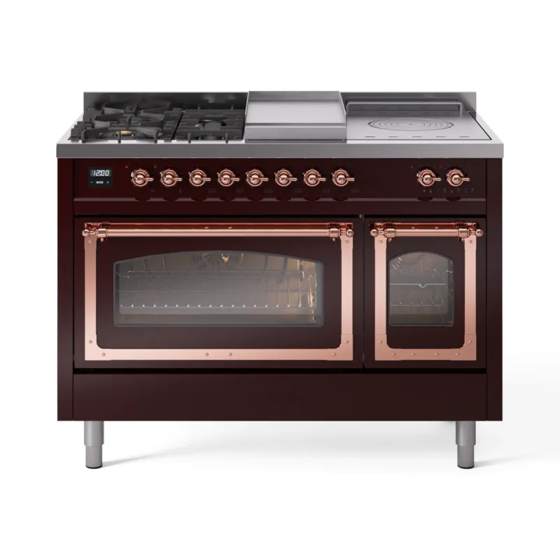 ILVE Nostalgie II Noblesse 48-Inch Propane Gas Dual Fuel Range with 5 Burners, Griddle, & French Top with Triple Glass Door Oven in Burgundy with Copper Trim (UN48FSNMPBUPLP) Authentic