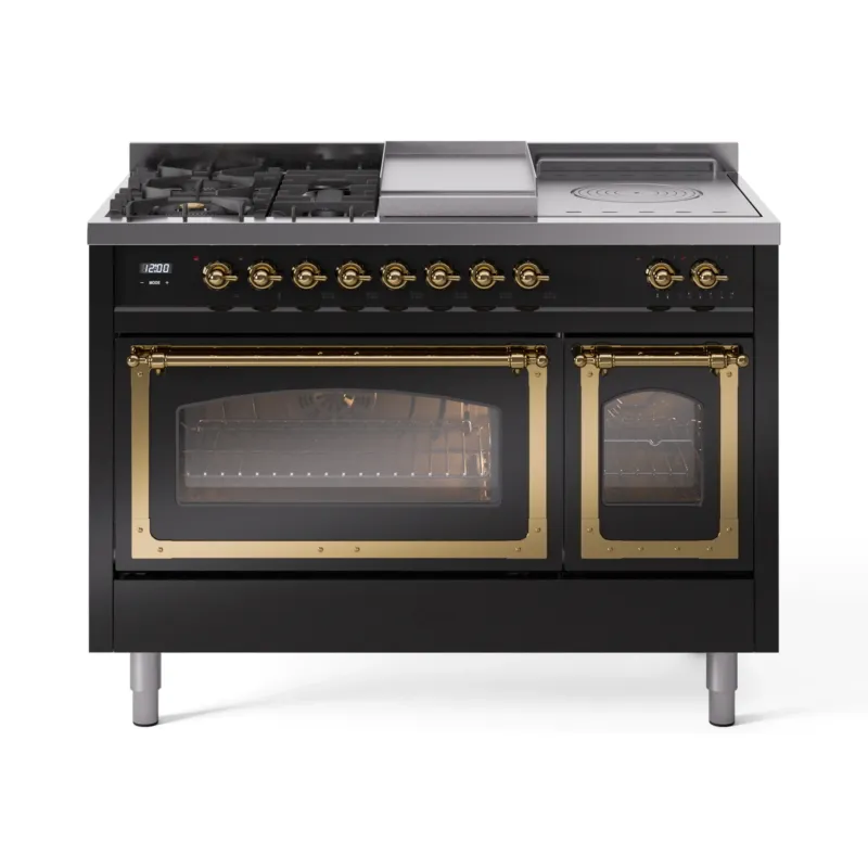 Markdown ILVE Nostalgie II Noblesse 48-Inch Propane Gas Dual Fuel Range with 5 Burners, Griddle, & French Top with Triple Glass Door Oven in Glossy Black with Brass Trim (UN48FSNMPBKGLP)