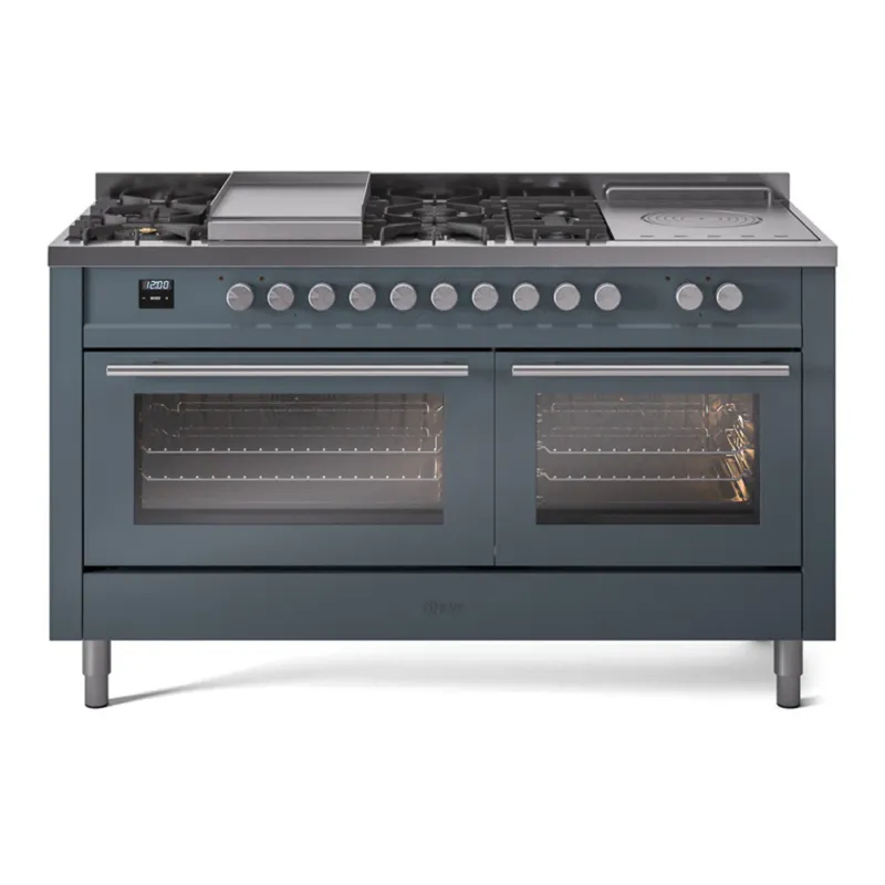 ILVE Professional Plus II 60-Inch Natural Gas Dual Fuel Range with 7 Burners, Griddle, & French Top with Triple Glass Door Oven in Blue Grey (UP60FSWMPBG) Price Drop