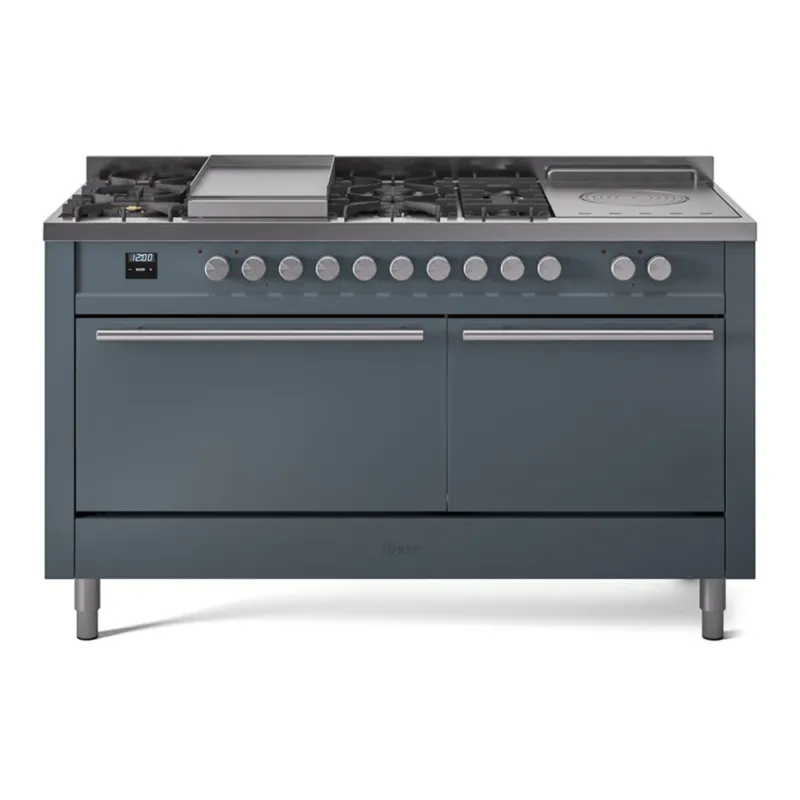ILVE Professional Plus II 60-Inch Propane Gas Dual Fuel Range with 7 Burners, Griddle, & French Top with Solid Door Oven in Blue Grey (UP60FSQMPBGLP) Authentic