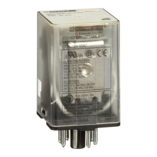 Sale Schneider Electric 8501KPDR12P14V53 Plug in relay, Type KP, tubular, 1 HP at 277 VAC, 10A resistive at 120 VAC, 8 pin, DPDT, 2 NO, 2 NC, 24 VDC coil, light