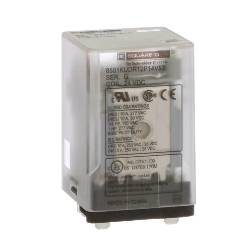 Schneider Electric 8501KUDR12P14V53 Plug in relay, Type KU, blade, 0.5 HP at 240 VAC, 10A resistive at 120 VAC, 8 blade, DPDT, 2 NO, 2 NC, 24 VDC coil Instant Buy
