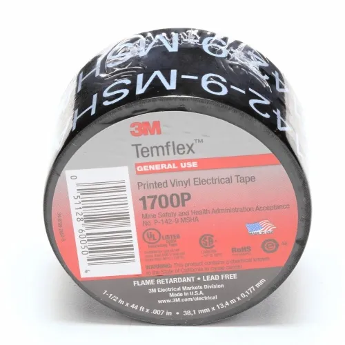 3M 7010398874 - 3M Temflex™ Mining-Grade Vinyl Electrical Tape 1700P, 1-1/2 in x 44 ft, Printed, Black, 1 roll/carton Limited Offer